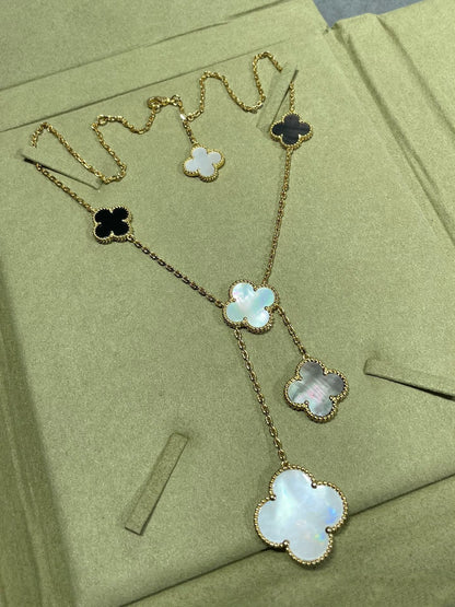 ¡®Lume Jewels¡¯CLOVER 6 MOTIF MOP ONYX GOLD NECKLACE