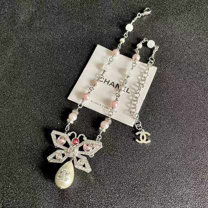 [Lume Jewels] Bow & Pearl Double C Pavé Diamond Necklace
