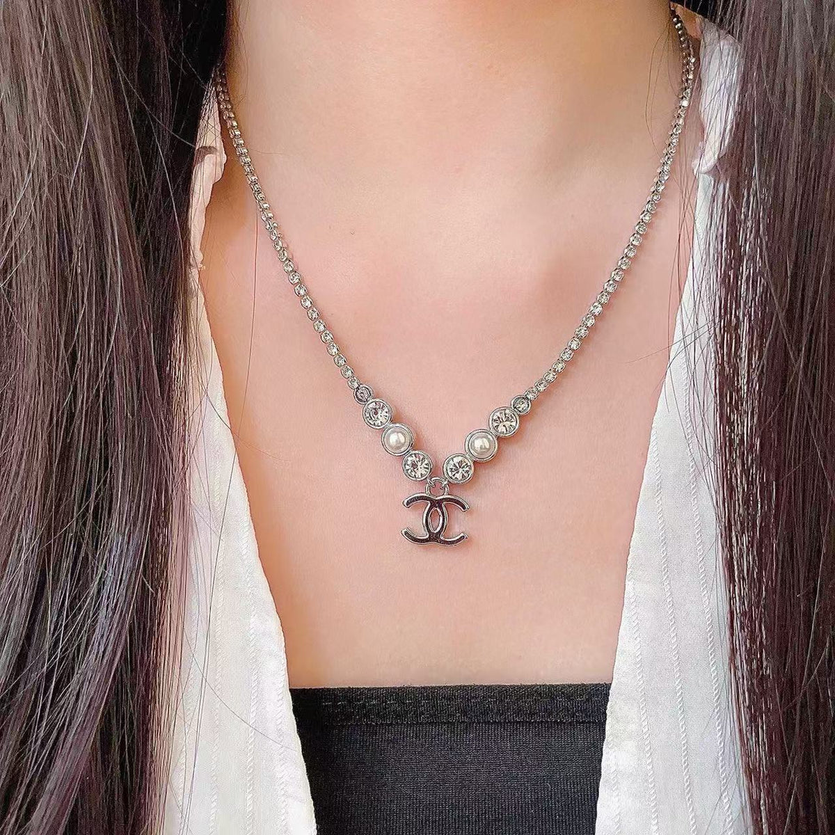 [Lume Jewels]Double C Necklace with Pearls & Cubic Zirconia