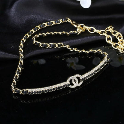 [Lume Jewels]Black Leather Interwoven Crystal CC Choker Necklace