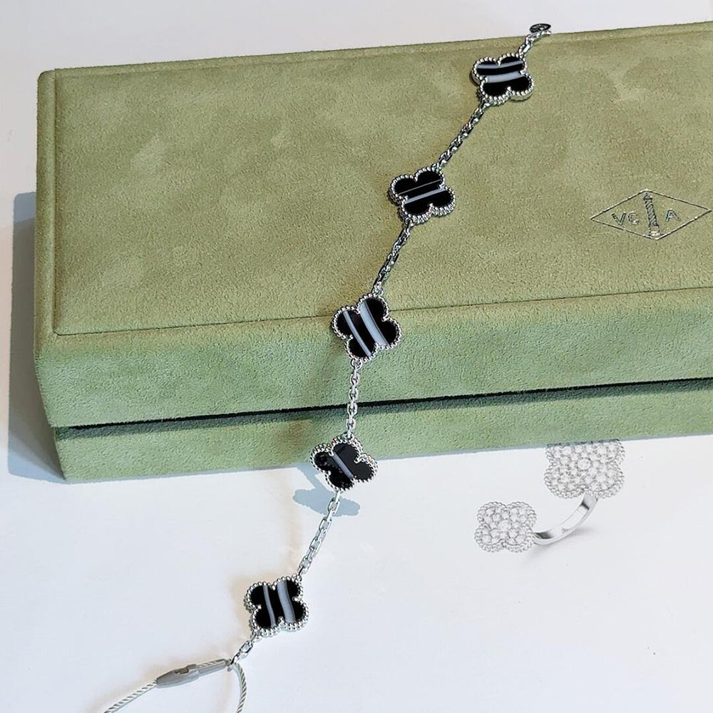 ¡®Lume Jewels¡¯CLOVER 5 MOTIF VEINED ONYX BRACELET SILVER