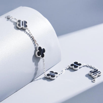 ¡®Lume Jewels¡¯CLOVER 5 MOTIF VEINED ONYX BRACELET SILVER