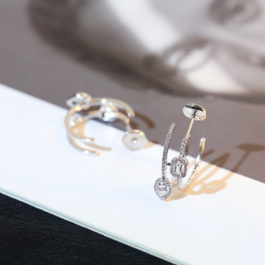 [Lume Jewels]CREOLES MY TWIN 2 RANGS SILVER DIAMOND EARRINGS