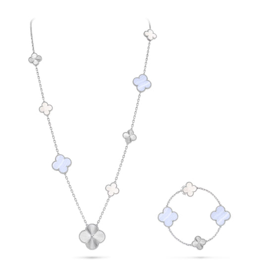 [Lume Jewels]DETACHABLE CLOVER 15(11+4) FLOWER SILVER NECKLACE SET